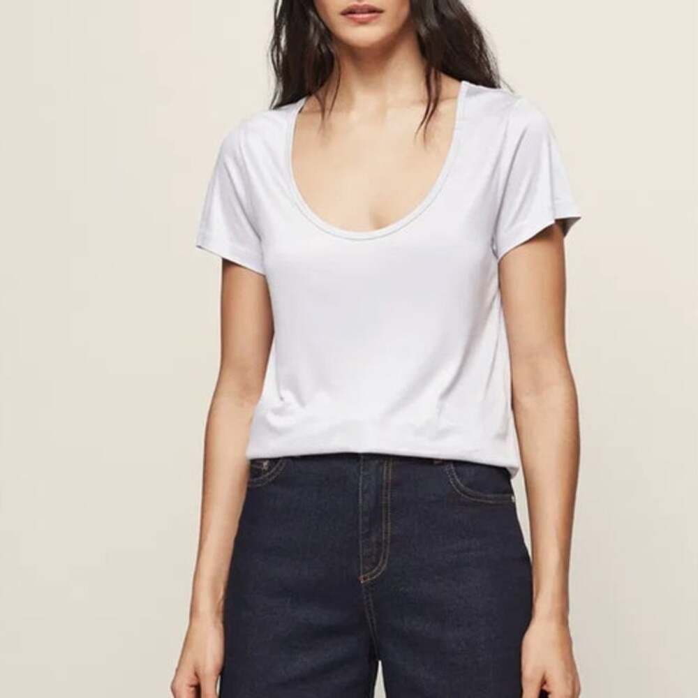 REISS Kelly Scoop-Neck T-Shirt Size L NEW Metallic Shiny Soft Gray
